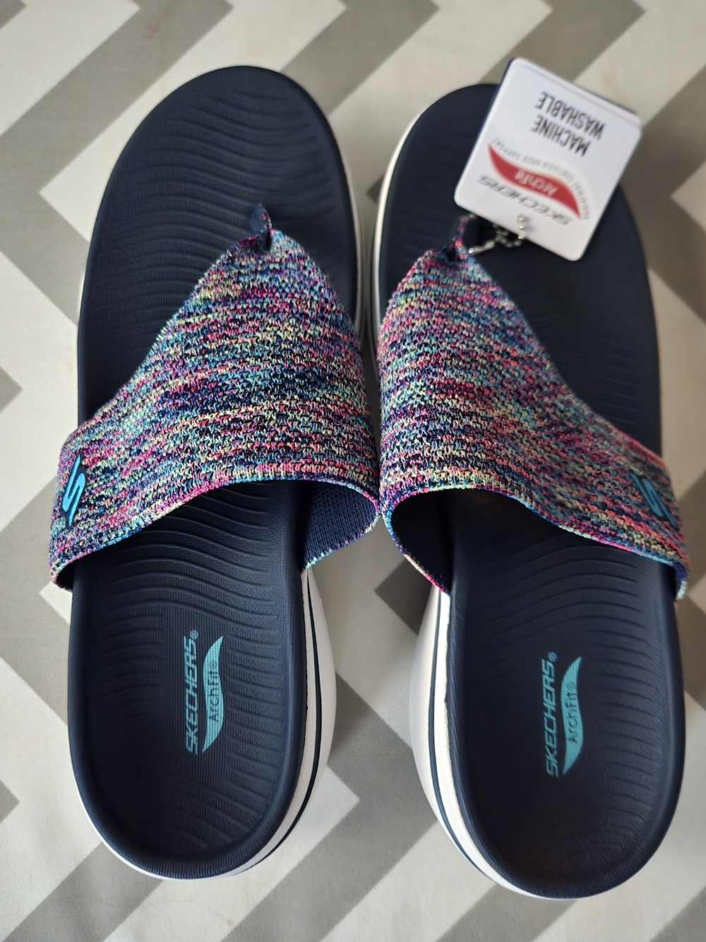 Skechers Navy Slide Sandals with Multicolor Knit Strap